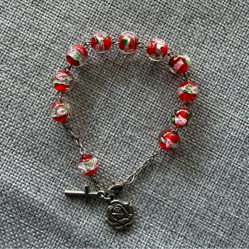 Vintage Rosary Bracelet Red Floral Glass Beads Catholic Cross & Saint Charms